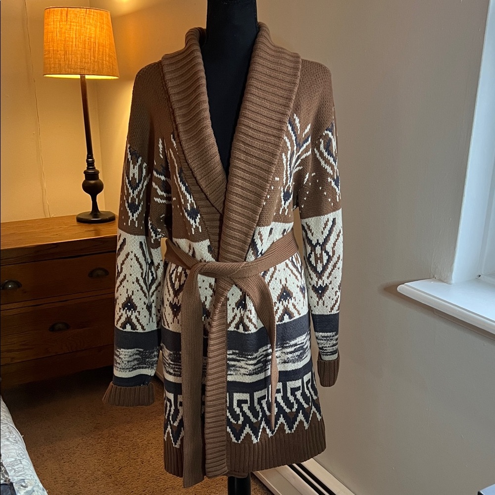 Lucky Brand patterned shawl collar tie-waist cardigan sweater, NWT size large